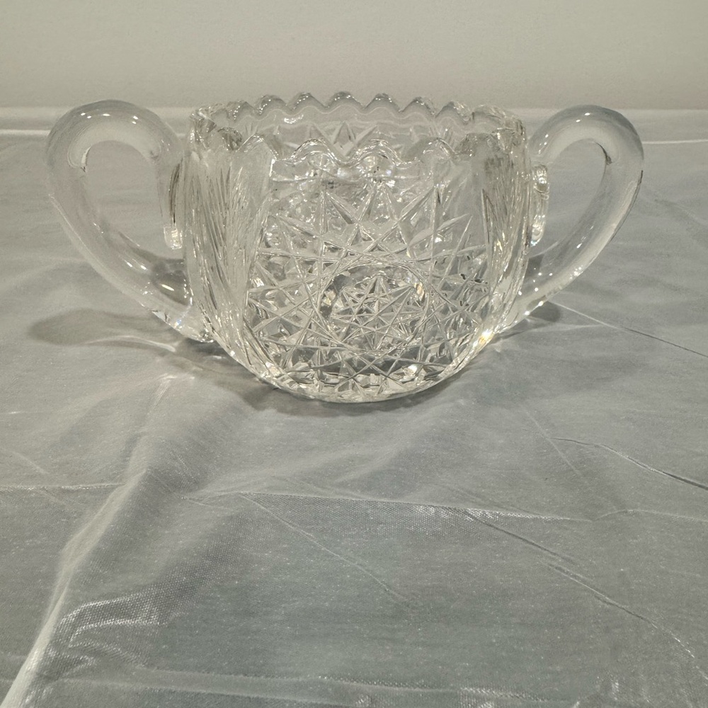 Vintage Cut Glass Sugar Bowl w/ Handles | Clear Crystal Tableware